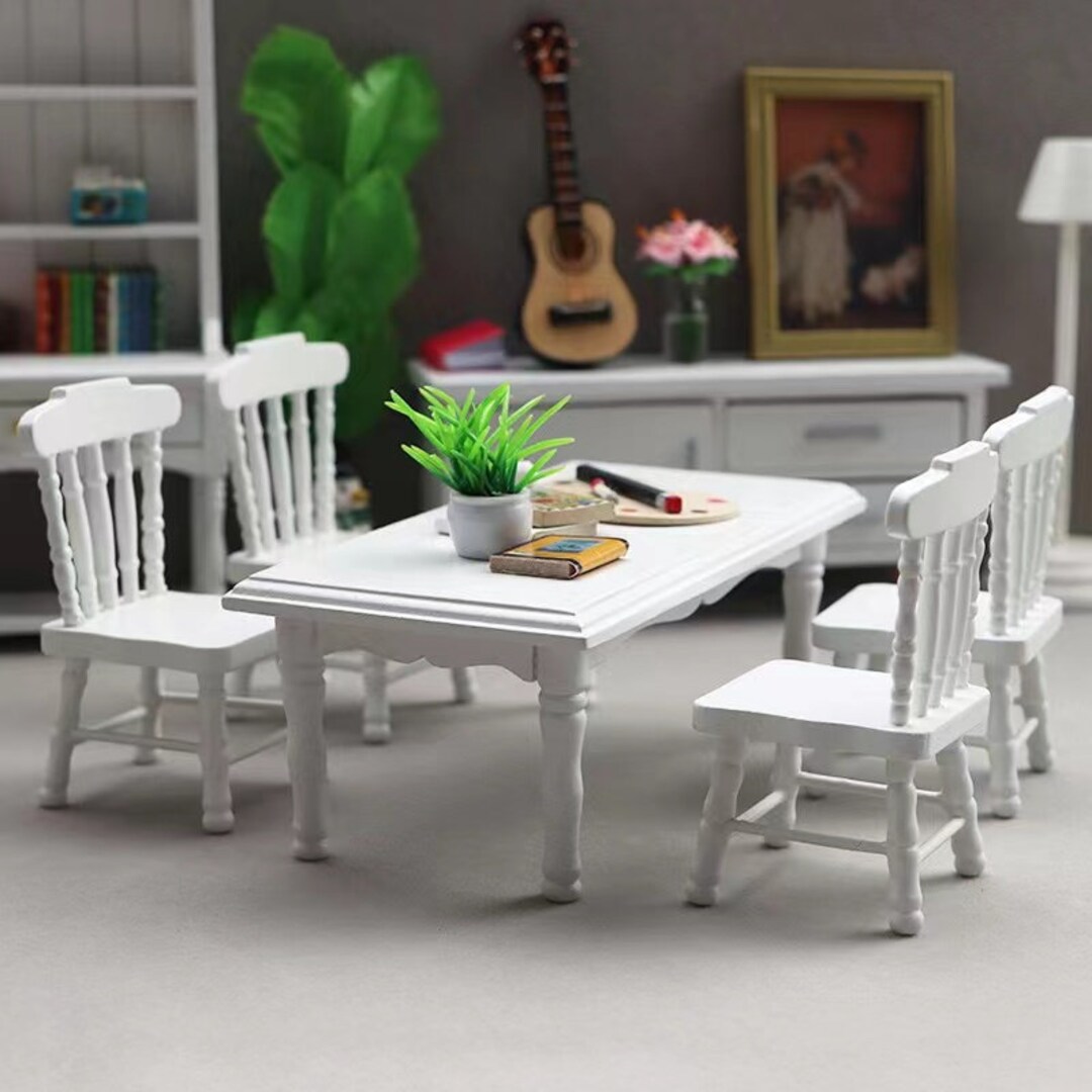 1:12 White Wooden Doll House Miniature Dining Table and Chair - Etsy