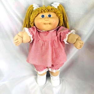 Vintage Cabbage Patch Kids HM3 OK Factory Green Sig Blonde Blue Eyes Red Dress