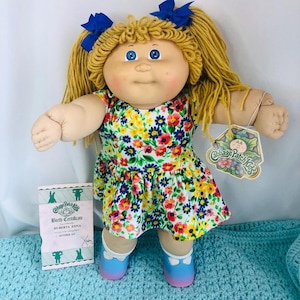 Vintage Cabbage Patch Kid HM3 OK Factory Green Signature Blonde Yarn Hair Pigtails Floral Dress w Papers