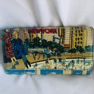 Carteira vintage com estampa de paisagem da cidade de Nova York, revestida em tecido, com detalhes brilhantes e contas, dobrável e com zíper, para viagem, estilo Big Apple