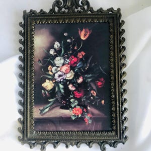 Vintage Italian Mid Century Modern Ornate Brass - Toned Frame with Floral Print –  Elegant Floral Wall Art Hanging - Made In Italy