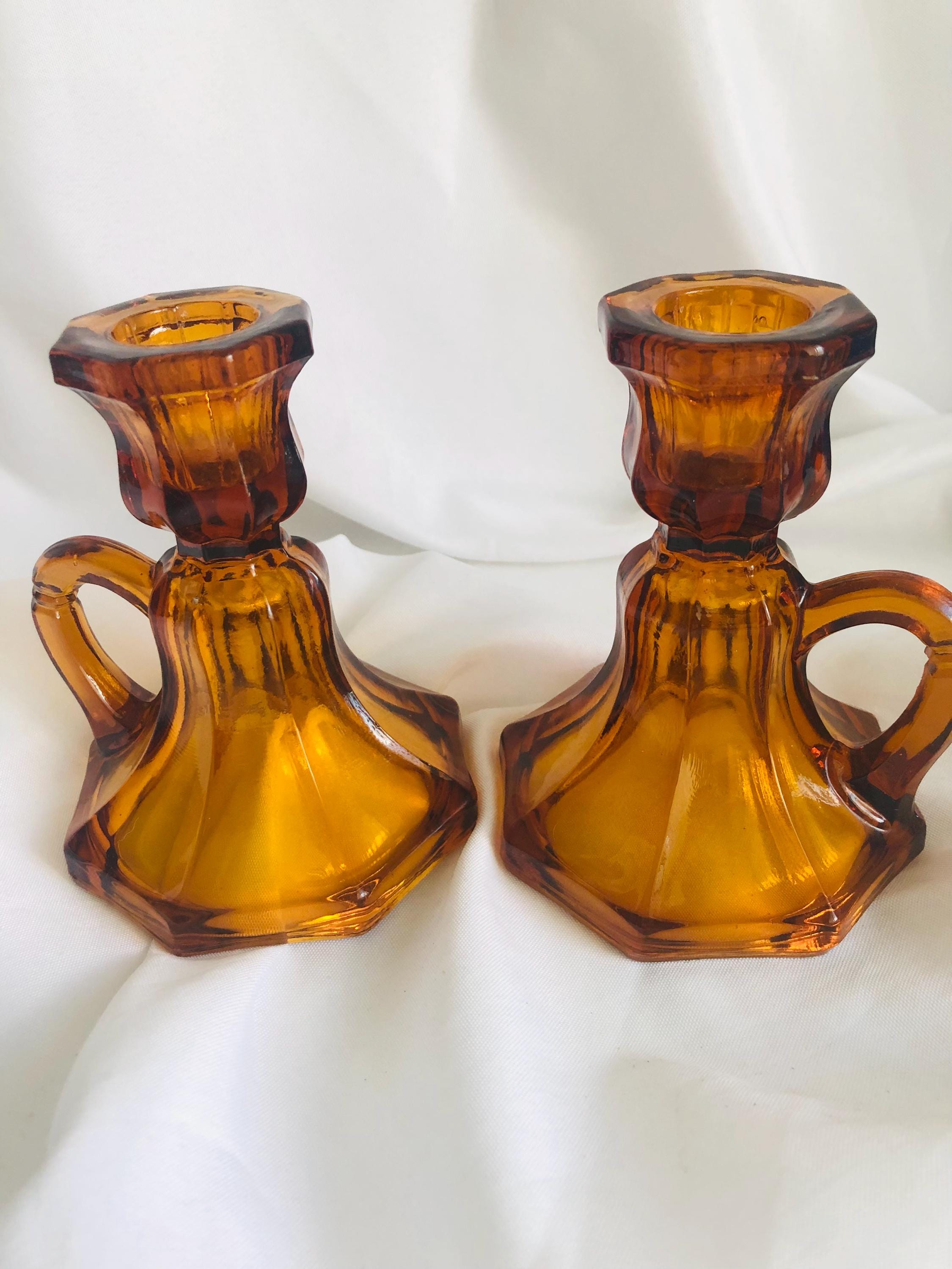 Vintage Amber Glass Candlestick Holders: Ribbed Octagonal Base, Mid-Century Style