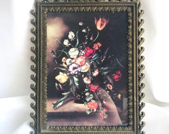Vintage Italian Floral Print: Mid-Century Modern Ornate Brass Frame