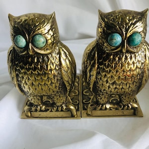 Vintage Brass Owl Bookends with Turquoise Eyes – Mid-Century Modern Hollywood Regency Home Décor