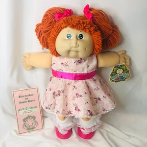 Vintage 1985 Cabbage Patch Kid Hong Kong Head With HM2 Green Eyes Red Hair Pink CPK Dress Birth Certificate & Tag