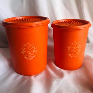 Vintage set of 2 Tupperware Servalier Orange canisters Mid Century Modern Funky Retro Storage Canisters