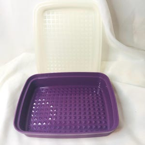 Puede incluir: Un recipiente rectangular morado con un patrón geométrico texturizado en la base. El recipiente está abierto, con una tapa blanquecina a juego. La tapa también tiene un patrón geométrico. El recipiente y la tapa son de plástico.