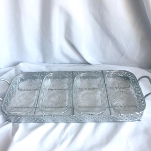 Vintage Mid Century Modern Reims??  France Crystal tray with 4 part Server & Metal Silver Stand.
