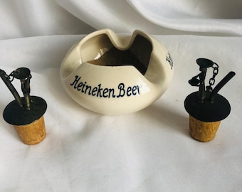 Vintage Heineken Ashtray & Bartender Bottle Stoppers: Mid-Century Barware Set