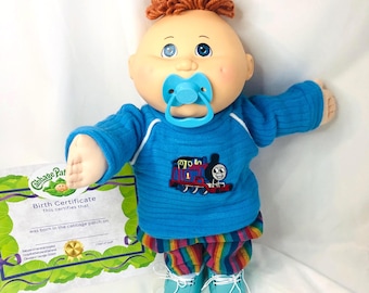 2017 Babyland Exclusive Cabbage Patch Kids Doll Bald Baby Boy Red Hair Tuft Thomas the Train Blue Sweater Outfit CPK Collector Doll - Read