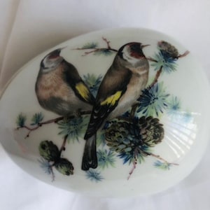 Vintage Limoges France Porcelain Egg Trinket Box – Hand-Painted Birds and Floral Design Lidded Dish. Has Makers Mark On Bottom.