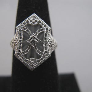 Antique Vintage Art Deco Edwardian 10K White Gold Camphor Glass Filigree Ring Signed ESEMCO