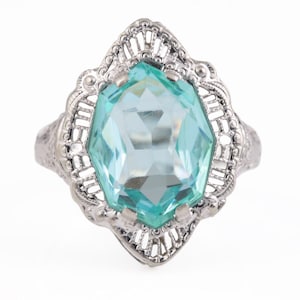 Vintage Antique Art Deco Filigree White Gold Ring Blue Aquamarine Color Glass Stone