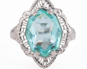 Vintage Antique Art Deco Filigree White Gold Ring Blue Aquamarine Color Glass Stone