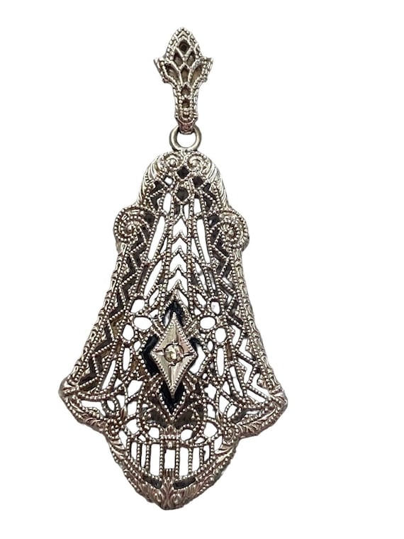 Vintage ESEMCO 10K White Gold Filigree Pendant Art