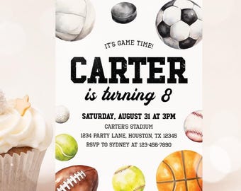 Invitación de cumpleaños deportiva, fiesta de cumpleaños de estrellas, fiesta de cumpleaños de niño con temática deportiva, invitación de todos los deportes, plantilla editable 14SP