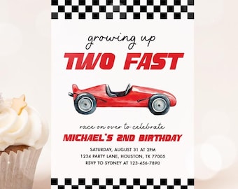 May include: A birthday invitation with a red race car illustration and the text "growing up TWO FAST." The invitation includes details for Michael's 2nd birthday, with a black and white checkered border. A cupcake with white frosting is on the left.