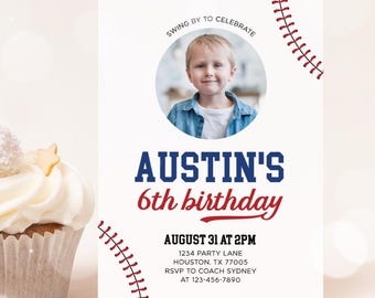 Convite com foto para aniversário de beisebol, convite com foto para aniversário de beisebol, modelo editável para festa de aniversário de menino com beisebol 75BB