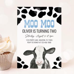 Moo Moo I&#39;m Two Invitation, Cow 2nd Birthday Party, Moo Im 2 Cow Invitation Boy 2nd Birthday Party Editable Template 36CW