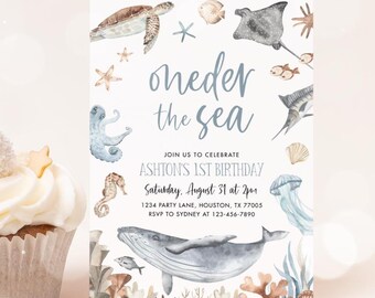 Under the Sea 1st Birthday Invitation, Ocean Sea Animals Fish Turtle Whale Invitation, Oneder the Sea Invitation Editable Template 60SE