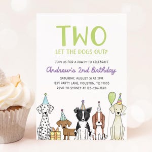 Dog 2nd Birthday Invitation, Two Let the Dogs Out, Puppy Party Invite, Colorful Dog Theme Birthday Party Editable Template 44DG