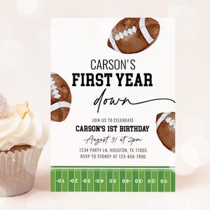 Football 1st Birthday Invitation, First Year Down Birthday Party, Football Invitation Boy Birthday Party Editable Template 55FB