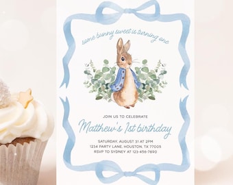 Peter Rabbit Birthday Invitation, Blue Bow Greenery Bunny Boy Birthday Invitation, Peter Rabbit Invite Digital Template 34PR