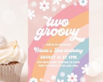 Two Groovy Invitation, Colorful Groovy 2nd Birthday Party, Retro Rainbow Daisy Hippie 70s Theme, Groovy Girl 2nd Birthday Template 38GV