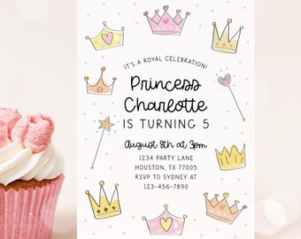 May include: A pink cupcake with white frosting and a birthday invitation. The invitation reads "Princess Charlotte is turning 5" with crown illustrations and event details. The invitation is for a royal celebration.