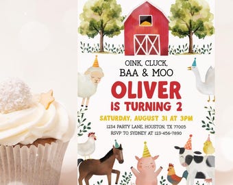 May include: A watercolor-style invitation for a farm-themed birthday party. The invitation features a red barn, a white sheep, a brown horse, a pink pig, a black and white cow, a yellow chick, and a white goose. The text on the invitation reads "Oink, Cluck, BAA & MOO Oliver is turning 2 Saturday, August 31 at 3PM 1234 Party Lane, Houston, TX 77005 RSVP to Sydney at 123-456-7890"