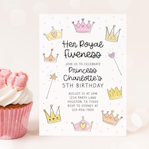May include: A pink cupcake with white frosting next to a birthday invitation. The invitation has crown illustrations and text that reads "Her Royal Fiveness" and "Princess Charlotte's 5th Birthday".