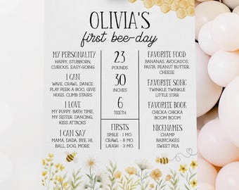 Bee Milestone Board, Bee Day Girl 1st Birthday Milestone Poster, Beeday Party Sign Decorations, Printable Editable Template 78BE