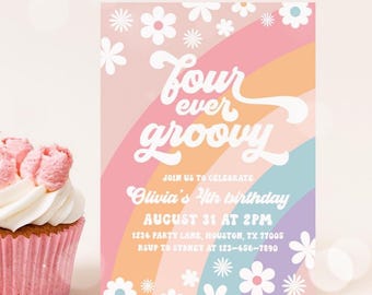 Fourever Groovy Invitation, Colorful Groovy 4th Birthday Party, Retro Daisy Hippie 70s Theme, Four-Ever Groovy Girl 4th Birthday 38GV