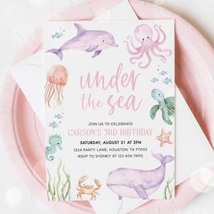 Under the Sea Birthday Invitation, Dolphin Turtle Shark Fish Sea Animals Ocean Girl Birthday Party Invitation Editable Template 22SE