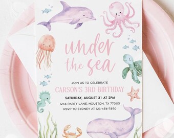 Under the Sea Birthday Invitation, Dolphin Turtle Shark Fish Sea Animals Ocean Girl Birthday Party Invitation Editable Template 22SE
