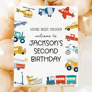 Vervoer welkomstbord, auto's vrachtwagens voertuigen verjaardag teken, dingen die gaan feestdecoratie afdrukbare 16 x 20 teken bewerkbare sjabloon 12TR