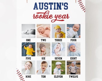 Baseball 1st Birthday Photo Poster, Rookie Year First Birthday Photo Sign, Baseball Theme Milestone Photo Board Editable Template 75BB