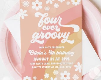 Fourever Groovy Invitation, Groovy 4th Birthday Party, Retro Rainbow Daisy Hippie 70s Theme, Four-Ever Groovy Girl 4th Birthday 36GV
