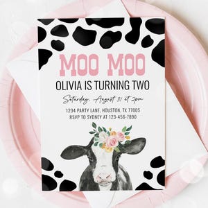 Moo Moo I&#39;m Two Invitation, Floral Cow 2nd Birthday Party, Moo Im 2 Pink Cow Invitation Girl 2nd Birthday Party Editable Template 37CW