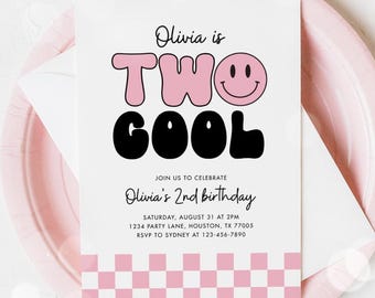 Two Cool Invitation, Pink Smiley Face Girl 2nd Birthday, Retro Checkered Two Cool Girl Birthday Invite Template 58SM