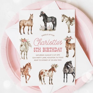 Verjaardagsuitnodiging paard, Floral pony uitnodigen, Western Cowgirl Saddle Up Girl verjaardagsfeestje bewerkbare sjabloon 25 uur