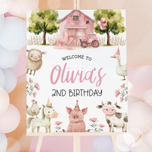 Farm Welcome Sign, Barnyard Girl Birthday Sign, Pink Floral Barn Animals Theme Party Decoration, Printable 16x20 Sign Editable Template 79FM