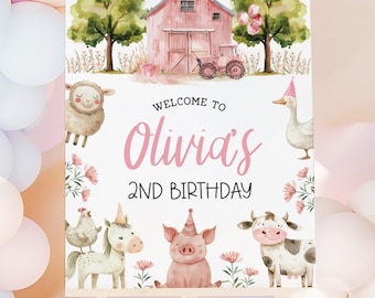 Farm Welcome Sign, Barnyard Girl Birthday Sign, Pink Floral Barn Animals Theme Party Decoration, Printable 16x20 Sign Editable Template 79FM