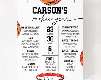 May include: A white poster with basketball-themed graphics and text. The poster reads "CARSON'S rookie year" and includes details about the child's personality, favorite things, and milestones. The poster also lists the child's weight as 23 pounds and height as 30 inches.
