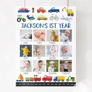 Transport 1e verjaardag fotoposter, Things That Go-fotobord, auto's, vrachtwagens, voertuigen, mijlpaalfotobord bewerkbare sjabloon 22TR