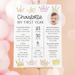 Placa comemorativa de princesa com foto, pôster comemorativo de 1º aniversário de menina da celebração real, placa de festa Era uma vez, modelo editável 49PR