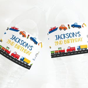 Transport waterflesetiket, Things That Go verjaardagsfeestje decor, afdrukbare auto's vrachtwagens voertuigen bewerkbare flesetiket sjabloon 22TR