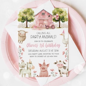 May include: A pink and white farm-themed first birthday party invitation with a watercolor illustration of a barn, tractor, and farm animals. The text reads "Calling all Party Animals! Join us to celebrate Olivia's 1st birthday. Saturday, August 31 at 3pm. 1234 Party Lane, Houston, TX 77005. RSVP to Sydney at 123-456-7890."