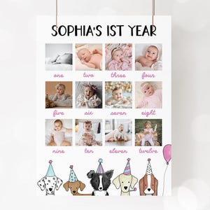 Dog Girl 1st Birthday Photo Poster, Puppy Party Girl First Birthday Photo Sign, Pawty Dog Theme Milestone Photo Board Editable Template 43DG