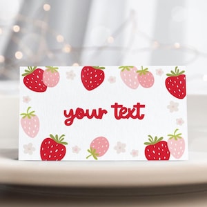 Étiquettes de nourriture aux fraises, carte buffet d'anniversaire baie première fille, carte tente baies, marque-places thème baies modèle modifiable 91ST